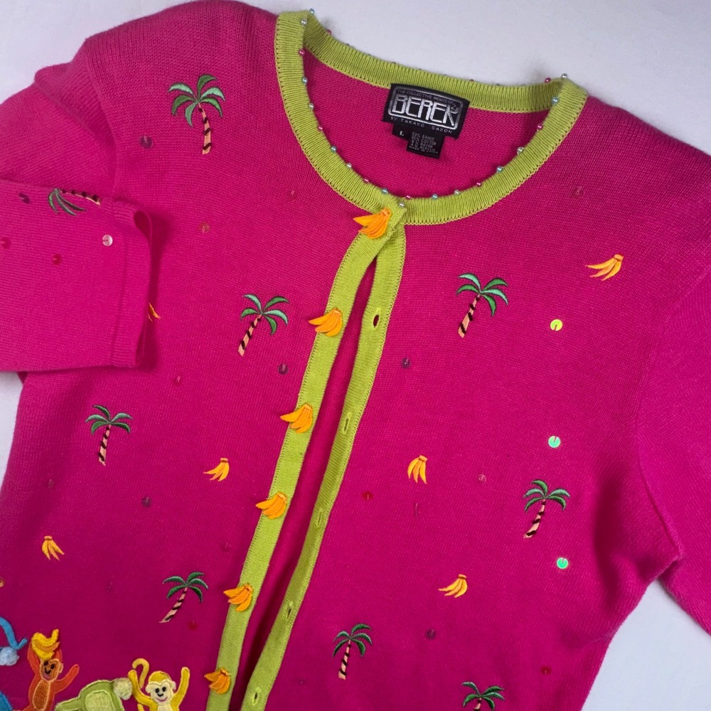Berek Cardigan Women Large Pink Tropical Monkey Beaded Vintage Novelty Sweater